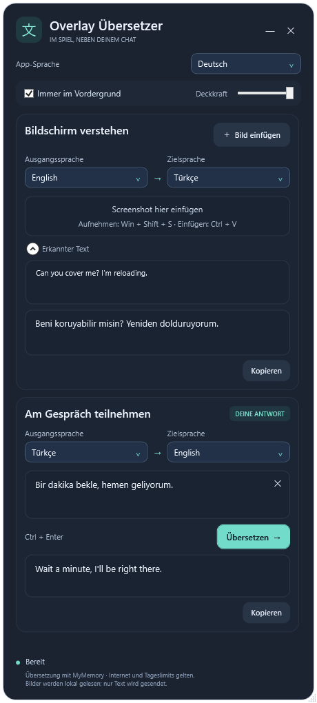 Overlay Translator übersetzt eine englische Beispielnachricht ins Türkische und eine türkische Antwort ins Englische