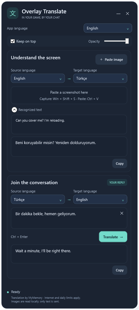 Overlay Translator translating an example English game message into Turkish and a Turkish reply into English