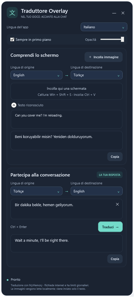 Overlay Translator traduce un messaggio di gioco di esempio dall’inglese al turco e una risposta dal turco all’inglese