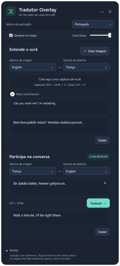 Overlay Translator traduz uma mensagem de jogo de exemplo do inglês para turco e uma resposta do turco para inglês